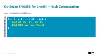 © 2017 Arm Limited19
Optimize SHA256 for arm64 – Hash Computation
src/crypto/sha256/sha256block.go
98 for i := 0; i < 64; i++ {
99 t1 := h + ((e>>6 | e<<(32-6)) ^ (e>>11 | e<<(32-11)) ^ (e>>25 | e<<(32-25))) + ((e & f) ^ (^e & g)) + _K[i] + w[i]
100
101 t2 := ((a>>2 | a<<(32-2)) ^ (a>>13 | a<<(32-13)) ^ (a>>22 | a<<(32-22))) + ((a & b) ^ (a & c) ^ (b & c))
102
103 h = g
104 g = f
105 f = e
106 e = d + t1
107 d = c
108 c = b
109 b = a
110 a = t1 + t2
111 }
for i := 0; i < 64; i+=4 {
SHA256H Vm, Vn, Vd.4S
SHA256H2 Vm, Vn, Vd.4S
}
 