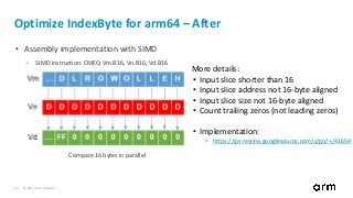 © 2017 Arm Limited23
Optimize IndexByte for arm64 – After
• Assembly implementation with SIMD
• SIMD instruction: CMEQ Vm.B16, Vn.B16, Vd.B16
Compare 16 bytes in parallel
More details:
• Input slice shorter than 16
• Input slice address not 16-byte aligned
• Input slice size not 16-byte aligned
• Count trailing zeros (not leading zeros)
• Implementation:
• https://go-review.googlesource.com/c/go/+/41654
 