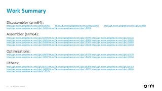 © 2017 Arm Limited25
Work Summary
Disassembler (arm64):
https://go-review.googlesource.com/c/arch/+/43651 https://go-review.googlesource.com/c/arch/+/56810 https://go-review.googlesource.com/c/go/+/58930
https://go-review.googlesource.com/c/go/+/56331https://go-review.googlesource.com/c/go/+/49530
Assembler (arm64):
https://go-review.googlesource.com/c/go/+/33594https://go-review.googlesource.com/c/go/+/33595https://go-review.googlesource.com/c/go/+/41511
https://go-review.googlesource.com/c/go/+/41654https://go-review.googlesource.com/c/go/+/45850https://go-review.googlesource.com/c/go/+/54951
https://go-review.googlesource.com/c/go/+/54990https://go-review.googlesource.com/c/go/+/57852https://go-review.googlesource.com/c/go/+/58350
https://go-review.googlesource.com/c/go/+/56030https://go-review.googlesource.com/c/go/+/46438https://go-review.googlesource.com/c/go/+/41653
Optimizations:
https://go-review.googlesource.com/c/go/+/40074https://go-review.googlesource.com/c/go/+/61550https://go-review.googlesource.com/c/go/+/61570
https://go-review.googlesource.com/c/go/+/33597https://go-review.googlesource.com/c/go/+/64490https://go-review.googlesource.com/c/go/+/55610
Others:
https://go-review.googlesource.com/c/go/+/61511https://go-review.googlesource.com/c/go/+/62850https://go-review.googlesource.com/c/go/+/45112
https://go-review.googlesource.com/c/go/+/44390https://go-review.googlesource.com/c/go/+/42971https://go-review.googlesource.com/c/go/+/40511
https://go-review.googlesource.com/c/arch/+/37172
 