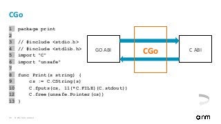 © 2017 Arm Limited28
CGo
GO ABI C ABI
1 package print
2
3 // #include <stdio.h>
4 // #include <stdlib.h>
5 import "C"
6 import "unsafe"
7
8 func Print(s string) {
9 cs := C.CString(s)
10 C.fputs(cs, 11(*C.FILE)(C.stdout))
12 C.free(unsafe.Pointer(cs))
13 }
CGo
 