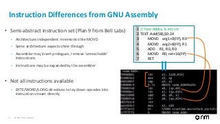© 2017 Arm Limited6
Instruction Differences from GNU Assembly
• Semi-abstract instruction set (Plan 9 from Bell Labs)
• Architecture independent mnemonics like MOVD
• Some architecture aspects shine through
• Assembler may insert prologues, remove ‘unreachable’
instructions
• Instructions may be expanded by the assembler
• Not all instructions available
• BYTE/WORD/LONG directives to lay down opcodes into
instruction stream directly
1 // func Add(a, b int) int
2 TEXT ·Add(SB),$0-24
3 MOVD arg1+0(FP), R0
4 MOVD arg2+8(FP), R1
5 ADD R1, R0, R0
6 MOVD R0, ret+16(FP)
7 RET
 