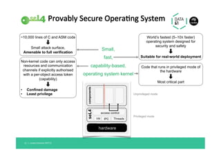 Provably	Secure	Opera@ng	System	
Linaro	Connect	SFO'17	11		|	
Small,
fast,
capability-based,
operating system kernel
World’s fastest (5–10X faster)
operating system designed for
security and safety
➡
Suitable for real-world deployment
~10,000 lines of C and ASM code
➡
Small attack surface,
Amenable to full verification
Code that runs in privileged mode of
the hardware
➡︎
Most critical part
Non-kernel code can only access
resources and communication
channels if explicitly authorised
with a per-object access token
(capability)
➡︎
•  Confined damage
•  Least privilege
ThreadsIPCVM
seL4
access control
components
hardware
Privileged mode
Unprivileged mode
 
