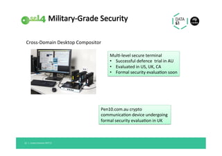 Enforcing	the	Architecture		
Linaro	Connect	SFO'17	21		|	
Architecture	
speciﬁca@on	
language	
A
CNode EP CNode
CSpace CSpace
Send
Receive
...
...
CONTEXT
CONTEXT
VSpace
component
code
+
CAmkES
capDL
glue
code
+ proof
initialised system + proof
+ proof
Thread
Object
Thread
Object
VSpace
A B
B
Low-level	access	rights	
init.c	
driver.c	 VMM.c	glue.c	
Compiler/	
Linker	
binary	
	Radio	
	Driver	
	Crypto	
	CAN	
	Driver	
	Data	
	Link	
	Uncri@cal/	
	untrusted	
	Uncri@cal/
untrusted,	
	contained	
Linux	
Camer
a	
Wi
ﬁ	
 