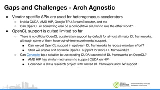 ENGINEERS AND DEVICES
WORKING TOGETHER
Gaps and Challenges - Arch Agnostic
● Vendor specific APIs are used for heterogeneous accelerators
○ Nvidia CUDA, AMD HIP, Google TPU StreamExecutor, and etc
○ Can OpenCL or something else be a competitive solution to rule the other world?
● OpenCL support is quited limited so far
○ There is no official OpenCL acceleration support by default for almost all major DL frameworks,
although some of them have out-of-tree experimental support.
■ Can we get OpenCL support in upstream DL frameworks to reduce maintain effort?
■ Shall we enable and optimize OpenCL support for more DL frameworks?
○ Can Coriander be a solution to use existing CUDA backend of DL frameworks on OpenCL?
■ AMD HIP has similar mechanism to support CUDA on HIP
■ Coriander is still a research project with limited DL framework and HW support
 