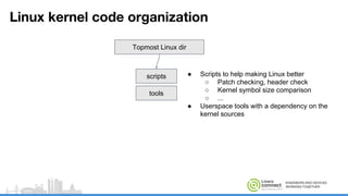ENGINEERS AND DEVICES
WORKING TOGETHER
Linux kernel code organization
Topmost Linux dir
tools
scripts ● Scripts to help making Linux better
○ Patch checking, header check
○ Kernel symbol size comparison
○ ...
● Userspace tools with a dependency on the
kernel sources
 