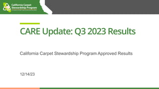 CARE Update: Q3 2023 Results
12/14/23
California Carpet Stewardship Program Approved Results
 
