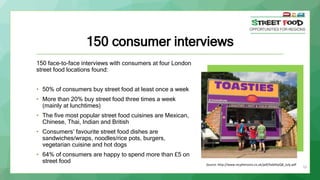 150 consumer interviews
150 face-to-face interviews with consumers at four London
street food locations found:
• 50% of consumers buy street food at least once a week
• More than 20% buy street food three times a week
(mainly at lunchtimes)
• The five most popular street food cuisines are Mexican,
Chinese, Thai, Indian and British
• Consumers’ favourite street food dishes are
sandwiches/wraps, noodles/rice pots, burgers,
vegetarian cuisine and hot dogs
• 64% of consumers are happy to spend more than £5 on
street food Source: http://www.mcphersons.co.uk/pdf/liabilityQB_July.pdf
10
 