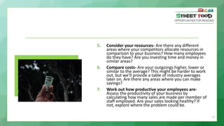 23
5. Consider your resources- Are there any different
areas where your competitors allocate resources in
comparison to your business? How many employees
do they have? Are you investing time and money in
similar areas?
6. Compare costs- Are your outgoings higher, lower or
similar to the average? This might be harder to work
out, but we’ll provide a table of industry averages
later on. Are there any areas where you can make
savings?
7. Work out how productive your employees are-
Assess the productivity of your business by
calculating how many sales are made per member of
staff employed. Are your sales looking healthy? If
not, explore where the problem could be.
 