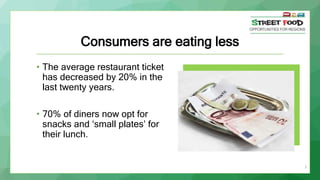 Consumers are eating less
• The average restaurant ticket
has decreased by 20% in the
last twenty years.
• 70% of diners now opt for
snacks and ‘small plates’ for
their lunch.
5
 