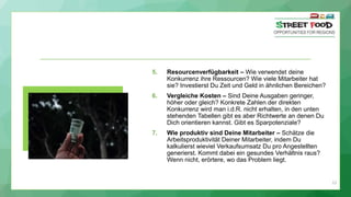 23
5. Resourcenverfügbarkeit – Wie verwendet deine
Konkurrenz ihre Ressourcen? Wie viele Mitarbeiter hat
sie? Investierst Du Zeit und Geld in ähnlichen Bereichen?
6. Vergleiche Kosten – Sind Deine Ausgaben geringer,
höher oder gleich? Konkrete Zahlen der direkten
Konkurrenz wird man i.d.R. nicht erhalten, in den unten
stehenden Tabellen gibt es aber Richtwerte an denen Du
Dich orientieren kannst. Gibt es Sparpotenziale?
7. Wie produktiv sind Deine Mitarbeiter – Schätze die
Arbeitsproduktivität Deiner Mitarbeiter, indem Du
kalkulierst wieviel Verkaufsumsatz Du pro Angestellten
generierst. Kommt dabei ein gesundes Verhältnis raus?
Wenn nicht, erörtere, wo das Problem liegt.
 