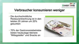 Verbraucher konsumieren weniger
• Die durchschnittliche
Restaurantrechnung ist in den
letzten 20 Jahren um 20%
gesunken
• 70% der Gastronomiebetriebe
bieten heutzutage kleinere
“Mittagsteller” und Snacks an
5
 