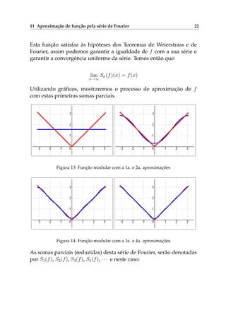 11 Aproximação de função pela série de Fourier 22
Esta função satisfaz às hipóteses dos Teoremas de Weierstrass e de
Fourier, assim podemos garantir a igualdade de f com a sua série e
garantir a convergência uniforme da série. Temos então que:
lim
n→∞
Sn(f)(x) = f(x)
Utilizando gráﬁcos, mostraremos o processo de aproximação de f
com estas primeiras somas parciais.
Figura 13: Função modular com a 1a. e 2a. aproximações
Figura 14: Função modular com a 3a. e 4a. aproximações
As somas parciais (reduzidas) desta série de Fourier, serão denotadas
por S1(f), S2(f), S3(f), S4(f), · · · e neste caso:
 