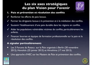 Les six axes stratégiques
               du plan Vision pour l’avenir
1. Paix et prévention et résolution des conﬂits
✓ Renforcer les efforts de paix locaux.
✓ Former les dirigeants locaux à la prévention et à la médiation des conﬂits.
✓ Soutenir l’établissement d’une paix durable dans les régions en conﬂits.
✓ Aider les populations vulnérables victimes de conﬂits, particulièrement les
  enfants.
✓ Financer bourses et équipes de formation professionnelle sur la paix et la
  résolution des conﬂits.
A signaler particulièrement:
•   Les 3 Forums du Rotary sur la Paix organisés à Berlin (30 novembre
    2012), Honolulu (25 janvier 2013) et Hiroshima (17 mai 2013).
•   Une approche d’HEC sur les Masters de Paix et prévention des conﬂits.
 