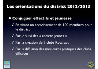 Les orientations du district 2012/2013

• Conjuguer effectifs et jeunesse
  ✓ En visant un accroissement de 100 membres pour
    le district
  ✓ Par le suivi des « anciens jeunes »
  ✓ Par la création de 9 clubs Rotaract
  ✓ Par la diffusion des meilleures pratiques des clubs
    efﬁcaces
 
