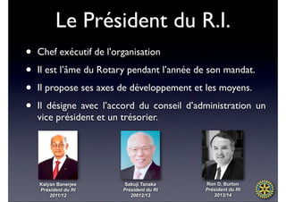 Le Président du R.I.
•   Chef exécutif de l'organisation

•   Il est l’âme du Rotary pendant l’année de son mandat.

•   Il propose ses axes de développement et les moyens.

•   Il désigne avec l’accord du conseil d’administration un
    vice président et un trésorier.




    Kalyan Banerjee       Sakuji Tanaka     Ron D. Burton
    Président du RI      Président du RI    Président du RI
        2011/12             20012/13           2013/14
 