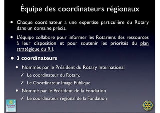 Équipe des coordinateurs régionaux
•   Chaque coordinateur a une expertise particulière du Rotary
    dans un domaine précis.

•   L'équipe collabore pour informer les Rotariens des ressources
    à leur disposition et pour soutenir les priorités du plan
    stratégique du R.I.

• 3 coordinateurs
 • Nommés par le Président du Rotary International
        ✓ Le coordinateur du Rotary,
        ✓ Le Coordinateur Image Publique
    •   Nommé par le Président de la Fondation
        ✓ Le coordinateur régional de la Fondation
 