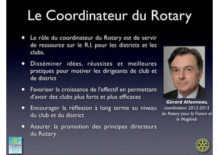 Le Coordinateur du Rotary
•   Le rôle du coordinateur du Rotary est de servir
    de ressource sur le R.I. pour les districts et les
    clubs.

•   Disséminer idées, réussites et meilleures
    pratiques pour motiver les dirigeants de club et
    de district 

•   Favoriser la croissance de l'effectif en permettant
    d'avoir des clubs plus forts et plus efﬁcaces 
                                                            Gérard Allonneau,
•   Encourager la réﬂexion  à long terme au niveau         coordinateur 2012-2015
                                                          du Rotary pour la France et
    du club et du district
                                                                  le Maghreb
•   Assurer la promotion des  principes directeurs
    du Rotary
 