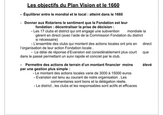 Les objectifs du Plan Vision et le 1660
- Équilibrer entre le mondial et le local : atteint dans le 1660

- Donner aux Rotariens le sentiment que la Fondation est leur
          fondation : décentraliser la prise de décision :
       - Les 17 clubs et district qui ont engagé une subvention    mondiale la
          gèrent en direct (avec l’aide de la Commission Fondation du district
          si nécessaire)
       - L’ensemble des clubs qui montent des actions locales ont pris en     direct
l’organisation de leur action Fondation locale .
       - Le délai de réponse d’Evanston est considérablement plus court       que
dans le passé permettant un suivi rapide et concret par le club.

- Permettre des actions de terrain d’un montant financier moins                  élevé
par une gestion plus simple :
       - Le montant des actions locales varie de 3000 à 15000 euros
        - Evanston est tenu au courant de notre organisation . Les
                    commentaires sont bons et la délégation réelle.
        - Le district , les clubs et les responsables sont actifs et efficaces
 