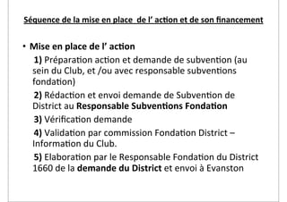 Séquence	
  de	
  la	
  mise	
  en	
  place	
  	
  de	
  l’	
  ac2on	
  et	
  de	
  son	
  ﬁnancement


• Mise	
  en	
  place	
  de	
  l’	
  ac2on
	
  	
  	
  	
  	
  1)	
  Prépara2on	
  ac2on	
  et	
  demande	
  de	
  subven2on	
  (au	
  
                  sein	
  du	
  Club,	
  et	
  /ou	
  avec	
  responsable	
  subven2ons	
  
                  fonda2on)
	
  	
  	
  	
  	
  2)	
  Rédac2on	
  et	
  envoi	
  demande	
  de	
  Subven2on	
  de	
  
                  District	
  au	
  Responsable	
  Subven2ons	
  Fonda2on
	
  	
  	
  	
  	
  3)	
  Vériﬁca2on	
  demande
	
  	
  	
  	
  	
  4)	
  Valida2on	
  par	
  commission	
  Fonda2on	
  District	
  –	
  
                  Informa2on	
  du	
  Club.
	
  	
  	
  	
  	
  5)	
  Elabora2on	
  par	
  le	
  Responsable	
  Fonda2on	
  du	
  District	
  
                  1660	
  de	
  la	
  demande	
  du	
  District	
  et	
  envoi	
  à	
  Evanston
 
