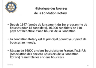  Historique	
  des	
  bourses	
  
                            de	
  la	
  Fonda2on	
  Rotary


• Depuis	
  1947	
  (année	
  de	
  lancement	
  du	
  1er	
  programme	
  de	
  
  bourses	
  pour	
  18	
  candidats),	
  40.000	
  candidats	
  de	
  110	
  
  pays	
  ont	
  bénéﬁcié	
  d’une	
  bourse	
  de	
  la	
  Fonda2on.

• La	
  Fonda2on	
  Rotary	
  est	
  le	
  principal	
  pourvoyeur	
  privé	
  de	
  
  bourses	
  au	
  monde.

• Réseau	
  de	
  36000	
  anciens	
  boursiers;	
  en	
  France,	
  l’A.B.F.R	
  
  (Associa2on	
  des	
  anciens	
  Boursiers	
  de	
  la	
  Fonda2on	
  
  Rotary)	
  rassemble	
  les	
  anciens	
  boursiers.

03/29/12                                                                             94
 