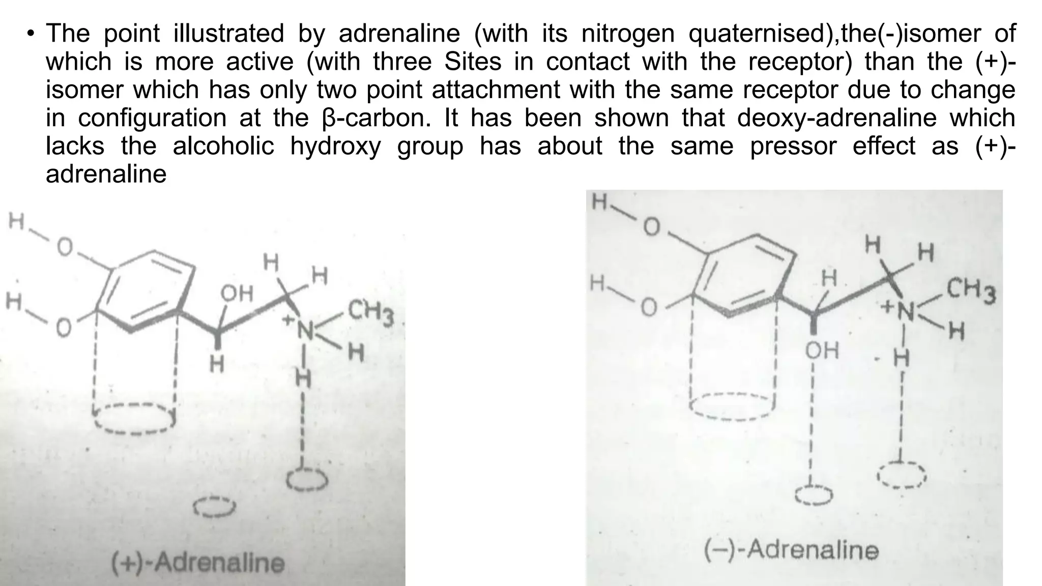 • The point illustrated by adrenaline (with its nitrogen quaternised),the(-)isomer of
which is more active (with three Sites in contact with the receptor) than the (+)-
isomer which has only two point attachment with the same receptor due to change
in configuration at the β-carbon. It has been shown that deoxy-adrenaline which
lacks the alcoholic hydroxy group has about the same pressor effect as (+)-
adrenaline
 