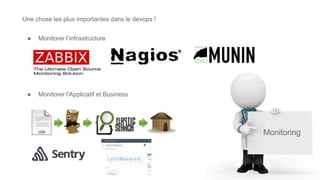 Monitoring
Une chose les plus importantes dans le devops !
● Monitorer l’infrastructure
● Monitorer l'Applicatif et Business
 
