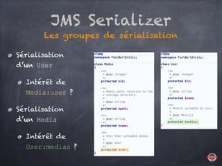 JMS Serializer
Les groupes de sérialisation
Sérialisation
d’un User
Intérêt de
Media:user ?
Sérialisation
d’un Media
Intérêt de
User:medias ?
 