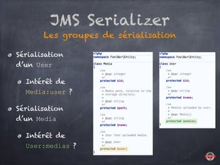 JMS Serializer
Les groupes de sérialisation
Sérialisation
d’un User
Intérêt de
Media:user ?
Sérialisation
d’un Media
Intér...