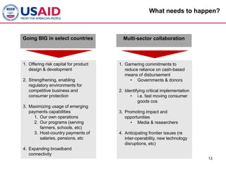 What needs to happen?



Going BIG in select countries            Multi-sector collaboration




1. Offering risk capital for product   1. Garnering commitments to
   design & development                   reduce reliance on cash-based
                                          means of disbursement
2. Strengthening, enabling                   • Governments & donors
   regulatory environments for
   competitive business and            2. Identifying critical implementation
   consumer protection                       • i.e. fast moving consumer
                                                 goods cos
3. Maximizing usage of emerging
   payments capabilities               3. Promoting impact and
     1. Our own operations                opportunities
     2. Our programs (serving                • Media & researchers
        farmers, schools, etc)
     3. Host-country payments of       4. Anticipating frontier issues (re
        salaries, pensions, etc           inter-operability, new technology
                                          disruptions, etc)
4. Expanding broadband
   connectivity
                                                                                13
 