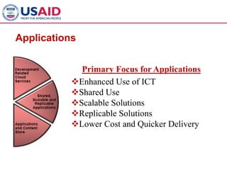 Applications


             Primary Focus for Applications
           Enhanced Use of ICT
           Shared Use
           Scalable Solutions
           Replicable Solutions
           Lower Cost and Quicker Delivery
 