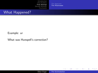 Introduction
The Problem
First Attempt
Second Attempt
Conclusion
The Approach
The Weaknesses
What Happened?
Example: ur
What was Hunspell’s correction?
Oskar Singer The Switchabalizer
 