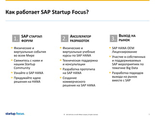 Как работает SAP Startup Focus? 
 SAP HANA OEM 
Лицензирование 
 Участие в собственных 
и поддерживаемых 
SAP мероприятиях по 
тематике Big Data 
 Разработка подходов 
выхода на рынок 
вместе с SAP 
1. SAP СТАРТАП 
АКСЕЛЕРАТОР 
ФОРУМ РАЗРАБОТОК 
© 2013 SAP AG or an SAP affiliate company. All rights reserved. 7 
 Физические и 
виртуальные события 
во всем Мире 
 Свяжитесь с нами и 
нашим Startup 
Community 
 Узнайте о SAP HANA 
 Придумайте идею 
решения на HANA 
 Физические и 
виртуальные учебные 
курсы по SAP HANA 
 Техническая поддержка 
и консультации 
 Разработка прототипа 
на SAP HANA 
 Создание 
коммерческого 
решения на SAP HANA 
ВЫХОД НА 
2. 3. РЫНОК 
 