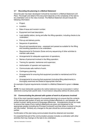 Method Statement Heavy Lift Example The Safe use of Telehandlers In Construction 110210 A | PDF