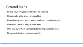 Ground Rules
 Ensure you have your preferred name showing
 Please mute while others are speaking
 Please keep your video on unless you have connection issues
 Please use the chat box / or raise hand
 Only step away from your computer during assigned breaks
 Please participate as much as possible
SFP Training
 