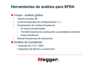 Herramientas de análisis para SFRA

 Visual   análisis grafico
   Valores iniciales dB
   La forma esperada de configuraciones -
   Comparación de huellas tomadas en:
       El mismo transformador
       Transformadores de construcción y propiedades similares
       Fases Simétricas
   Nuevas frecuencias de resonancia
 Análisis de Correlación
    Estándar DL/T 911 2004
    Especifico de fabrica y usuario final



                                                             30
 
