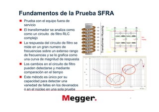 Fundamentos de la Prueba SFRA
 Prueba con el equipo fuera de
 servicio
 El transformador se analiza como
 como un circuito de filtro RLC
 complejo
 La respuesta del circuito de filtro se
 mide en un gran numero de
 frecuencias sobre un extenso rango
 de frecuencias y se lo grafica como
 una curva de magnitud de respuesta
 Los cambios en el circuito de filtro
 pueden detectarse y mediante
 comparación en el tiempo
 Este método es único por su
 capacidad para detectar una
 variedad de fallas en los devanados
 o en el núcleo en una sola prueba

                                          5
 