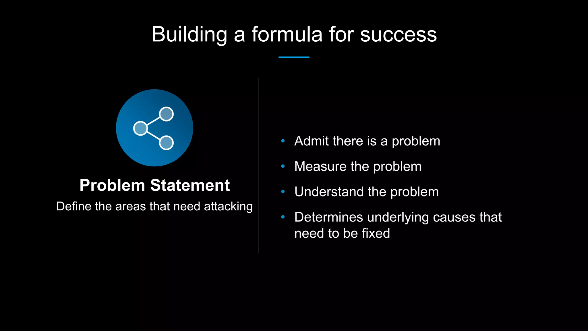 Define the areas that need attacking
Problem Statement
• Admit there is a problem
• Measure the problem
• Understand the problem
• Determines underlying causes that
need to be fixed
Building a formula for success
 