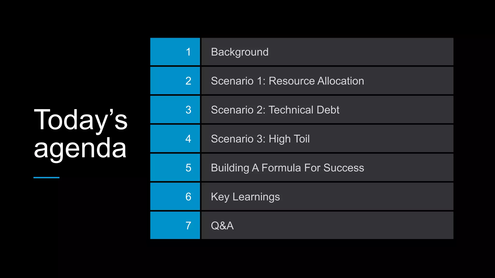 Today’s
agenda
1 Background
2 Scenario 1: Resource Allocation
3 Scenario 2: Technical Debt
4 Scenario 3: High Toil
5 Building A Formula For Success
6 Key Learnings
7 Q&A
 