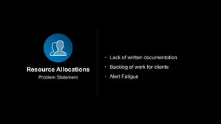 Problem Statement
Resource Allocations
• Lack of written documentation
• Backlog of work for clients
• Alert Fatigue
 