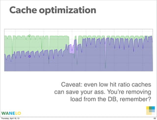 Cache optimization




                           Caveat: even low hit ratio caches
                         can save your ass. You’re removing
                              load from the DB, remember?

                                                     Proprietary and
Thursday, April 18, 13                               Confidential      60
 