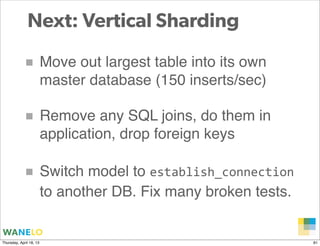 Next: Vertical Sharding

            ■ Move out largest table into its own
                         master database (150 i...