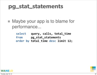 pg_stat_statements

            ■ Maybe your app is to blame for
                         performance...
                 ...