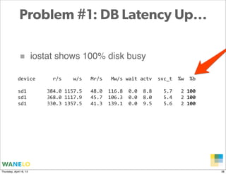 Problem #1: DB Latency Up...

              ■          iostat shows 100% disk busy

             device	
  	
  	
  	
  	
  	
  r/s	
  	
  	
  	
  w/s	
  	
  	
  Mr/s	
  	
  	
  Mw/s	
  wait	
  actv	
  	
  svc_t	
  	
  %w	
  	
  %b	
  

             sd1	
  	
  	
  	
  	
  	
  	
  384.0	
  1157.5	
  	
  	
  48.0	
  	
  116.8	
  	
  0.0	
  	
  8.8	
  	
  	
  	
  5.7	
  	
  	
  2	
  100	
  
             sd1	
  	
  	
  	
  	
  	
  	
  368.0	
  1117.9	
  	
  	
  45.7	
  	
  106.3	
  	
  0.0	
  	
  8.0	
  	
  	
  	
  5.4	
  	
  	
  2	
  100	
  
             sd1	
  	
  	
  	
  	
  	
  	
  330.3	
  1357.5	
  	
  	
  41.3	
  	
  139.1	
  	
  0.0	
  	
  9.5	
  	
  	
  	
  5.6	
  	
  	
  2	
  100	
  




                                                                                                                                                    Proprietary and
Thursday, April 18, 13                                                                                                                              Confidential      38
 