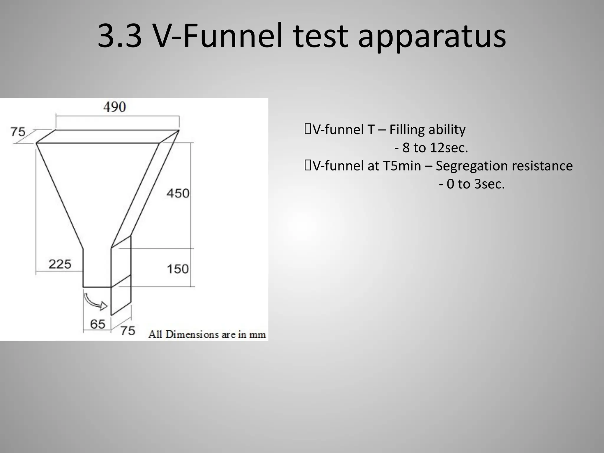 3.3 V-Funnel test apparatus
V-funnel T – Filling ability
- 8 to 12sec.
V-funnel at T5min – Segregation resistance
- 0 to 3sec.
 