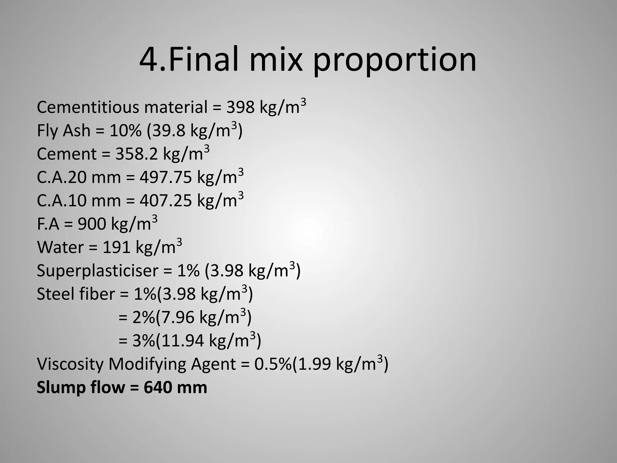 4.Final mix proportion
Cementitious material = 398 kg/m3
Fly Ash = 10% (39.8 kg/m3
)
Cement = 358.2 kg/m3
C.A.20 mm = 497.75 kg/m3
C.A.10 mm = 407.25 kg/m3
F.A = 900 kg/m3
Water = 191 kg/m3
Superplasticiser = 1% (3.98 kg/m3
)
Steel fiber = 1%(3.98 kg/m3
)
= 2%(7.96 kg/m3
)
= 3%(11.94 kg/m3
)
Viscosity Modifying Agent = 0.5%(1.99 kg/m3
)
Slump flow = 640 mm
 
