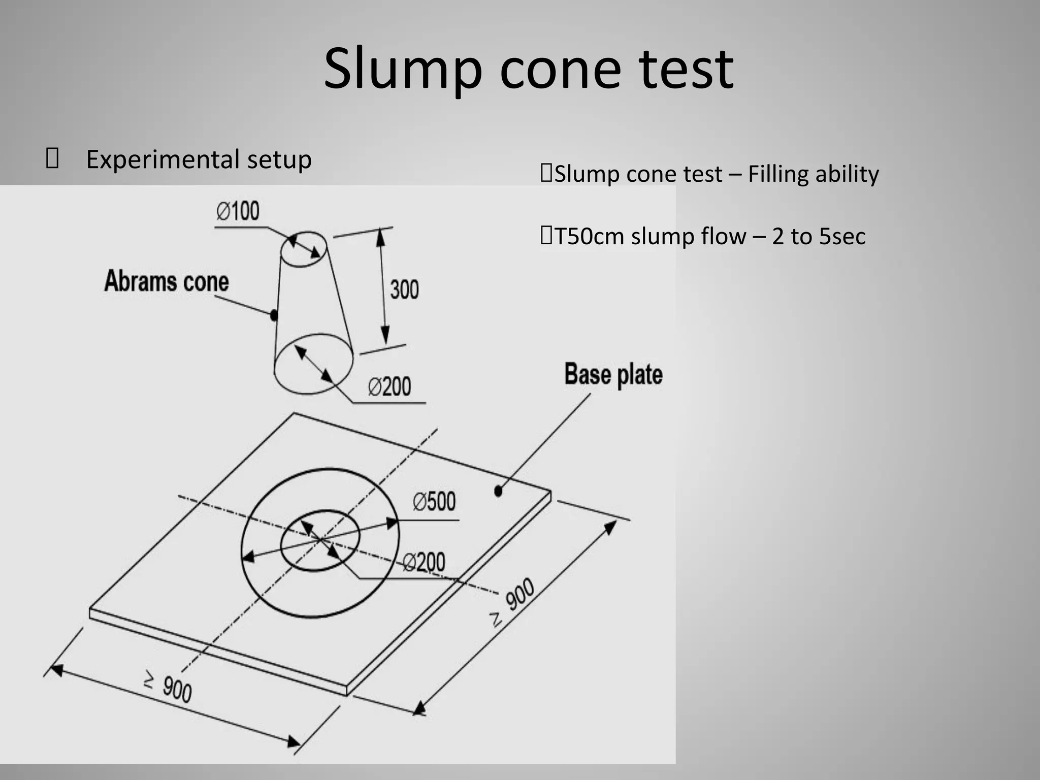 Slump cone test
Experimental setup Slump cone test – Filling ability
T50cm slump flow – 2 to 5sec
 