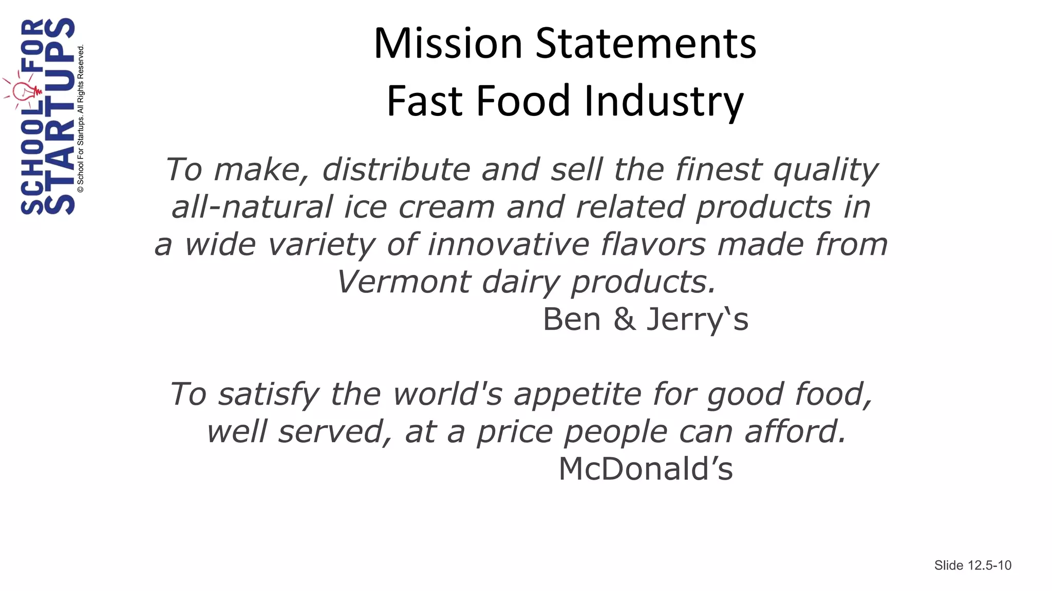 Mission Statements
© School For Startups. All Rights Reserved.



                                                            Fast Food Industry
                                               To make, distribute and sell the finest quality
                                               all-natural ice cream and related products in
                                              a wide variety of innovative flavors made from
                                                          Vermont dairy products.
                                                                       Ben & Jerry‘s

                                              To satisfy the world's appetite for good food,
                                                well served, at a price people can afford.
                                                                       McDonald’s

                                                                                                 Slide 12.5-10
 