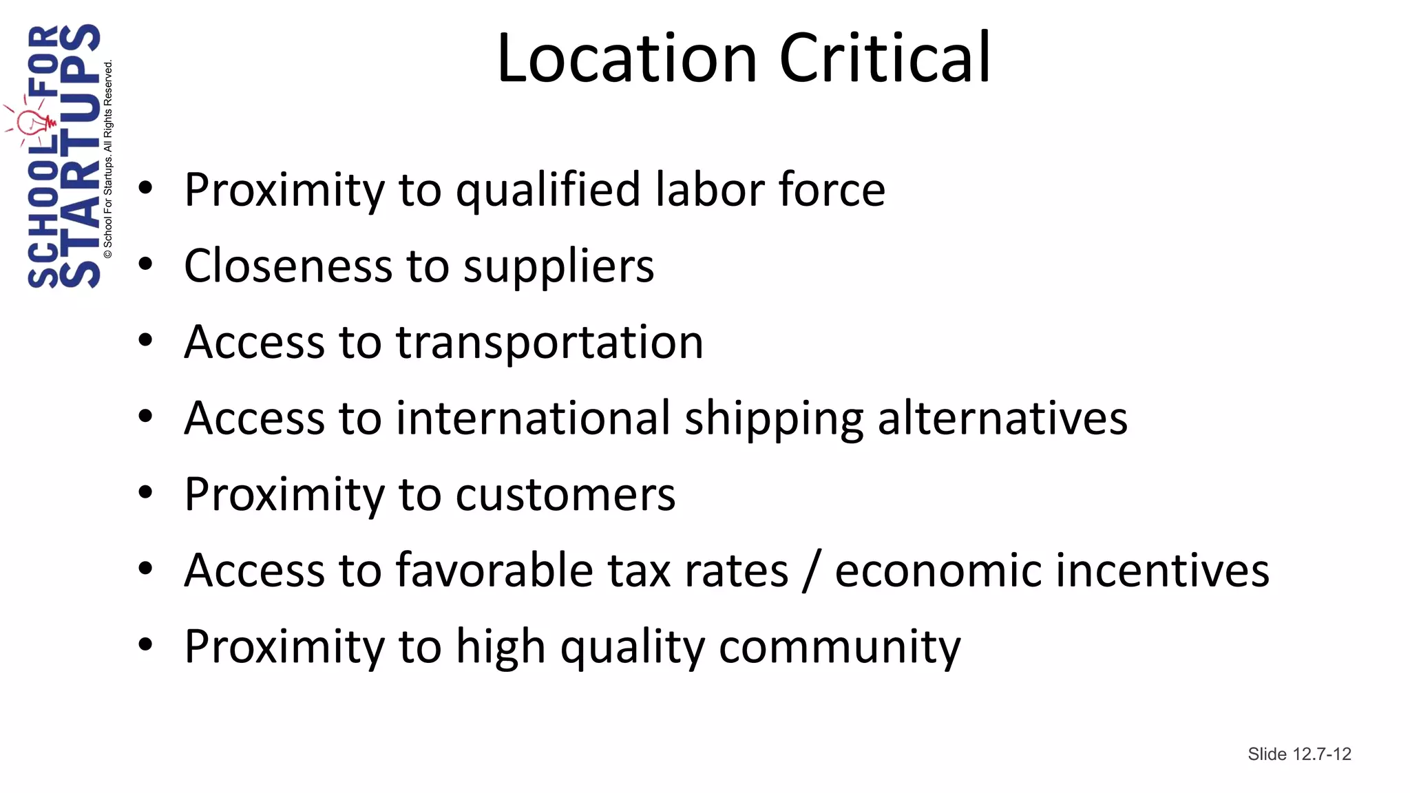 © School For Startups. All Rights Reserved.
                                                                Location Critical
                                              •   Proximity to qualified labor force
                                              •   Closeness to suppliers
                                              •   Access to transportation
                                              •   Access to international shipping alternatives
                                              •   Proximity to customers
                                              •   Access to favorable tax rates / economic incentives
                                              •   Proximity to high quality community
                                                                                                   Slide 12.7-12
 
