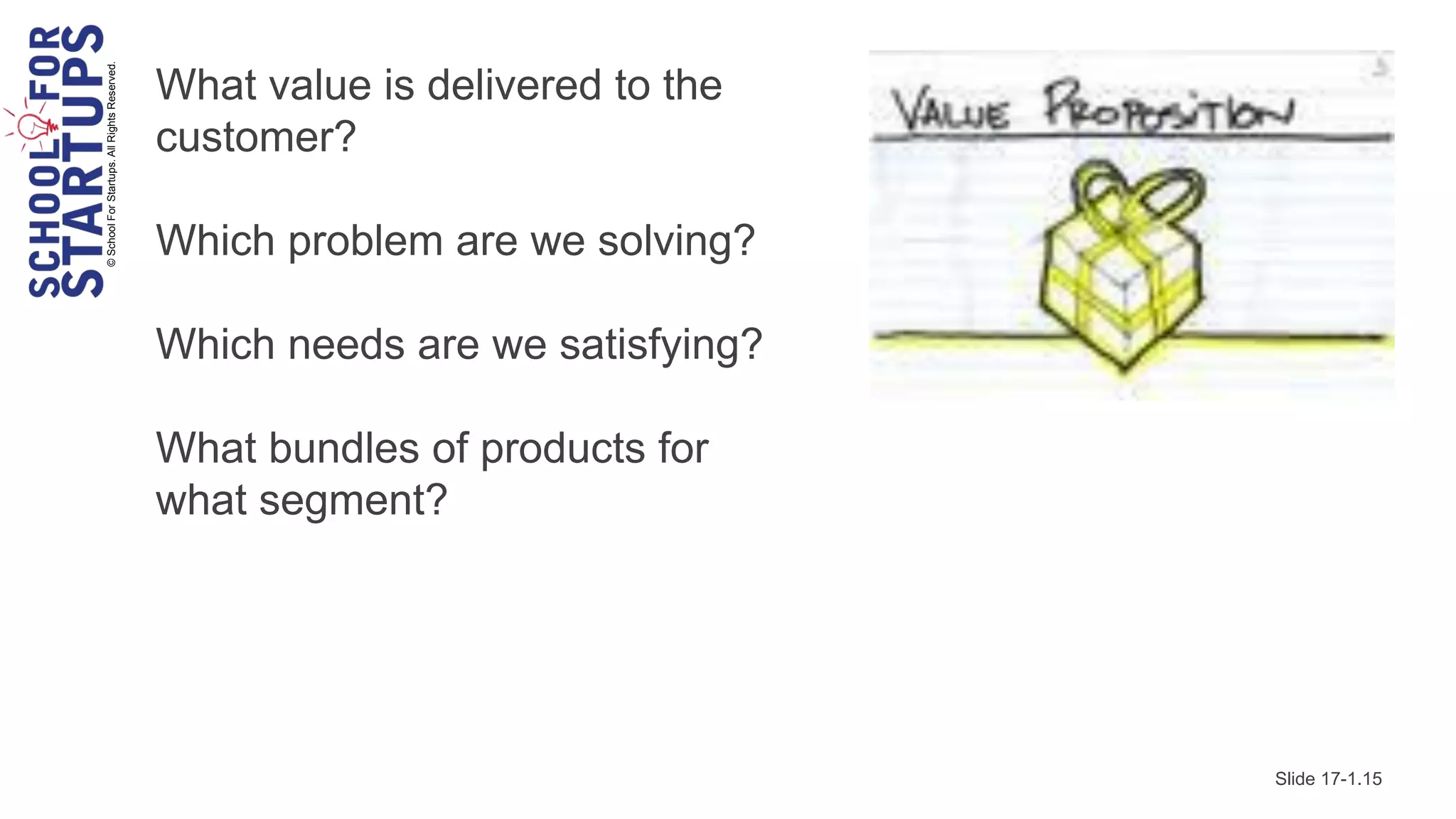 © School For Startups. All Rights Reserved.
                                              What value is delivered to the
                                              customer?

                                              Which problem are we solving?

                                              Which needs are we satisfying?

                                              What bundles of products for
                                              what segment?




                                                                               Slide 17-1.15
 
