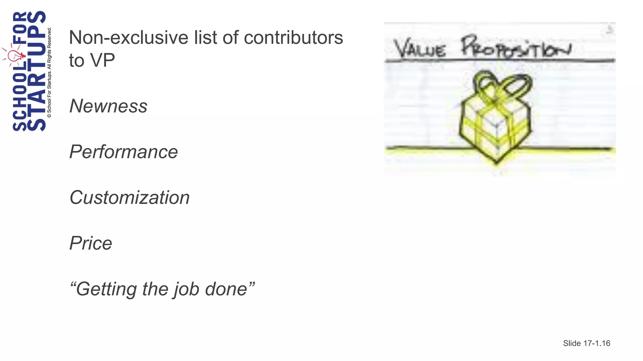© School For Startups. All Rights Reserved.
                                              Non-exclusive list of contributors
                                              to VP

                                              Newness

                                              Performance

                                              Customization

                                              Price

                                              “Getting the job done”

                                                                                   Slide 17-1.16
 